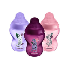 Tommee Tippee Closer to Nature Baby Bottles, Slow-Flow Breast-Like Teat with Anti-Colic Valve, 260ml, Pack of 3, Jungle Pinks