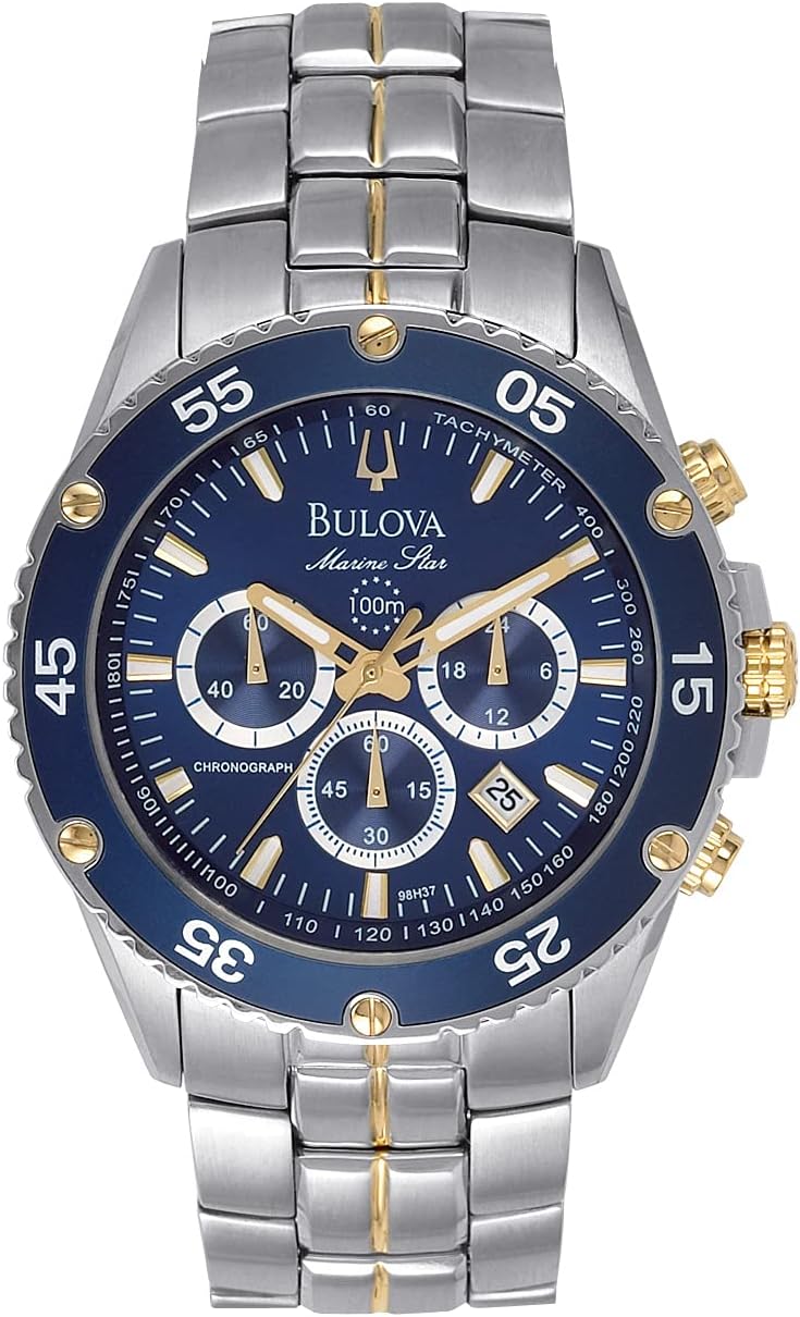 Bulova Men's Marine Star 6-Hand Chronograph Watch, Tachymeter Luminous Hands, 100M Water Resistant - Two Tone Gold/ Blue Dial