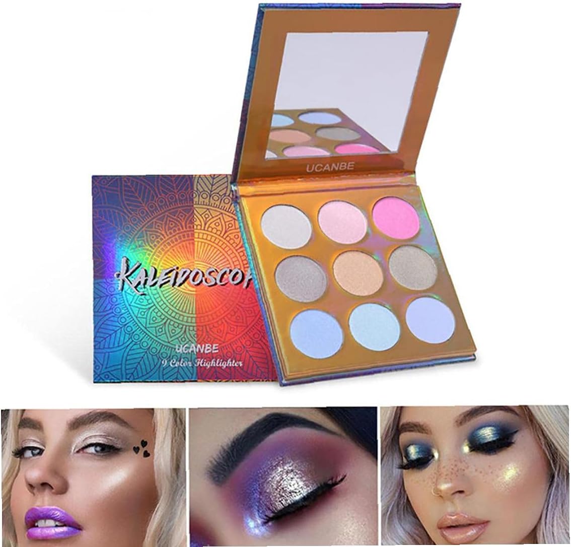 Holographic Highlighter Makeup Palette 9 Color Shimmer Eyeshadow Illuminating Glow Highlighting Metallic Bronzer Contour Cosmetics with Mirror Suitable for Women