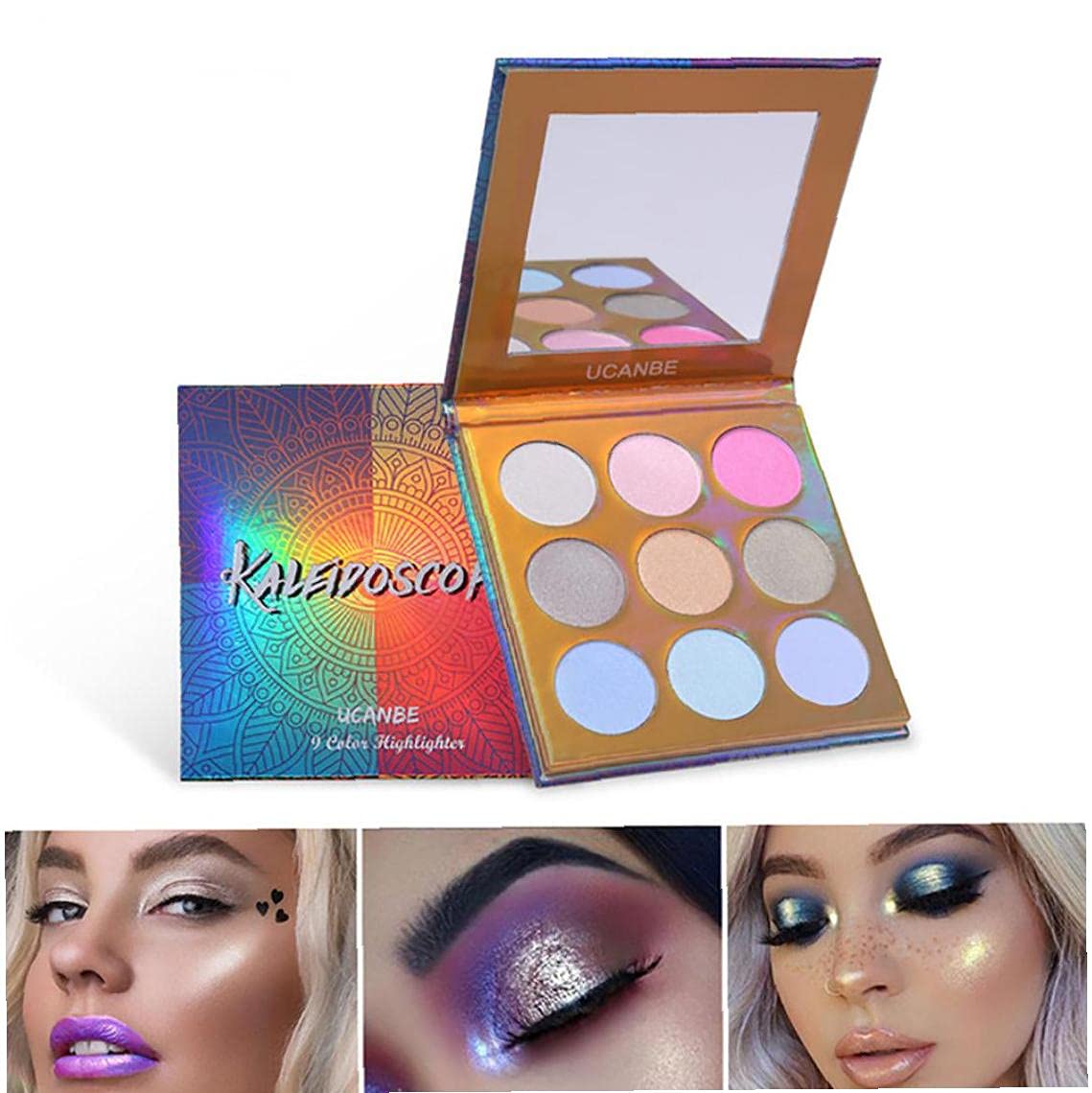 Holographic Highlighter Makeup Palette 9 Color Shimmer Eyeshadow Illuminating Glow Highlighting Metallic Bronzer Contour Cosmetics with Mirror Suitable for Women