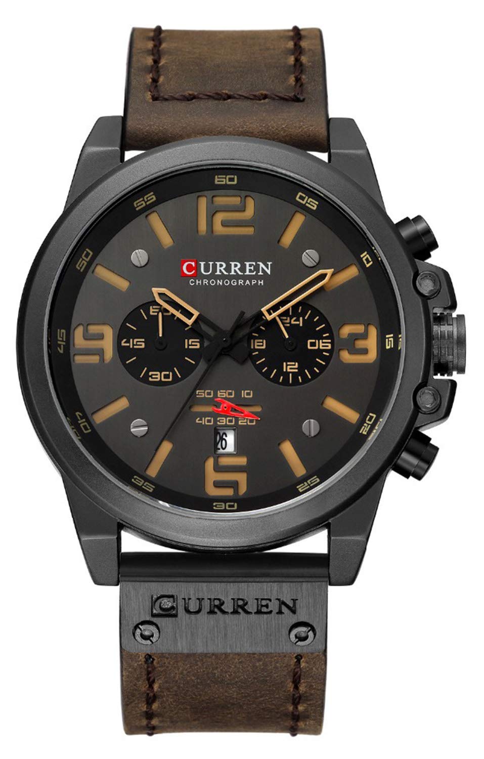 CURREN Dark Brown Chronograph Fashion Trend Multi-Function Waterproof Quartz Watch Leather Strap Military Watch (Coffee)