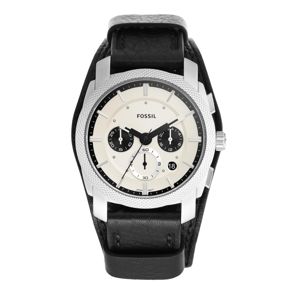 Fossil Machine Men's Watch with Stainless Steel or Leather Band, Chronograph or Analog Watch Display Silver/Black Cuff Chrono