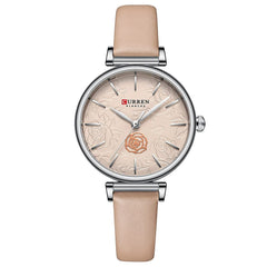 CURREN Women's Analogue Watch, Pink Detail in Carture and Texture in Background, Extendable Leatherette Adjustable Buckle Classic and Feminine Design, Pink, s, strip