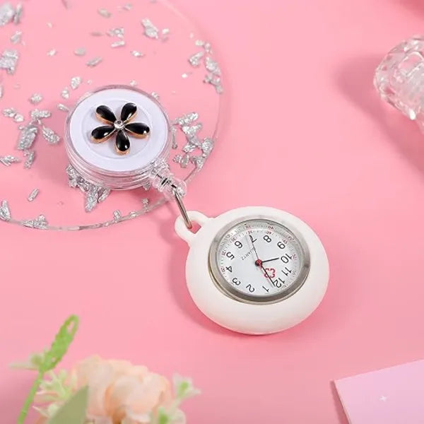 Retractable Nurse Watches Clip-on Hanging Fob Portable Pocket Watch with Cute Flower Pattern Lapel Watches for Nurses Doctors with Silicone Cover