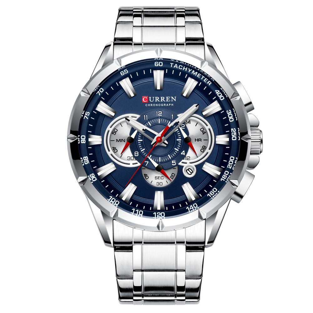 Curren Watch Curren Wrist Watch Men Waterproof Chronograph Military Army Stainless Steel Male Clock Man Sport Watches 8363 (Silver Blue)