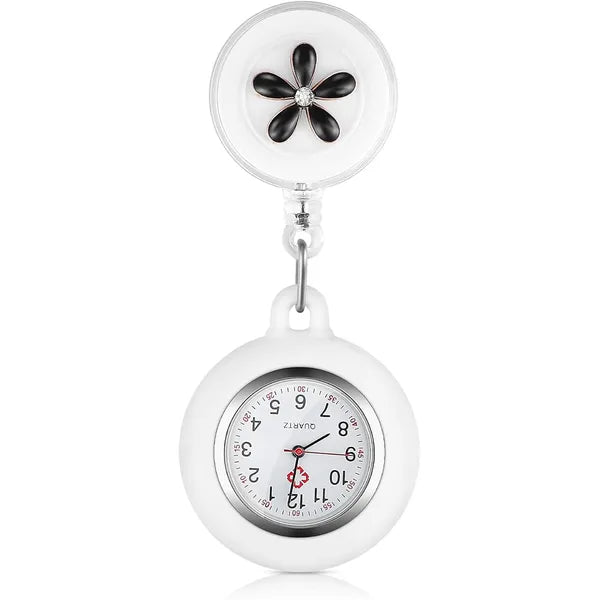 Retractable Nurse Watches Clip-on Hanging Fob Portable Pocket Watch with Cute Flower Pattern Lapel Watches for Nurses Doctors with Silicone Cover