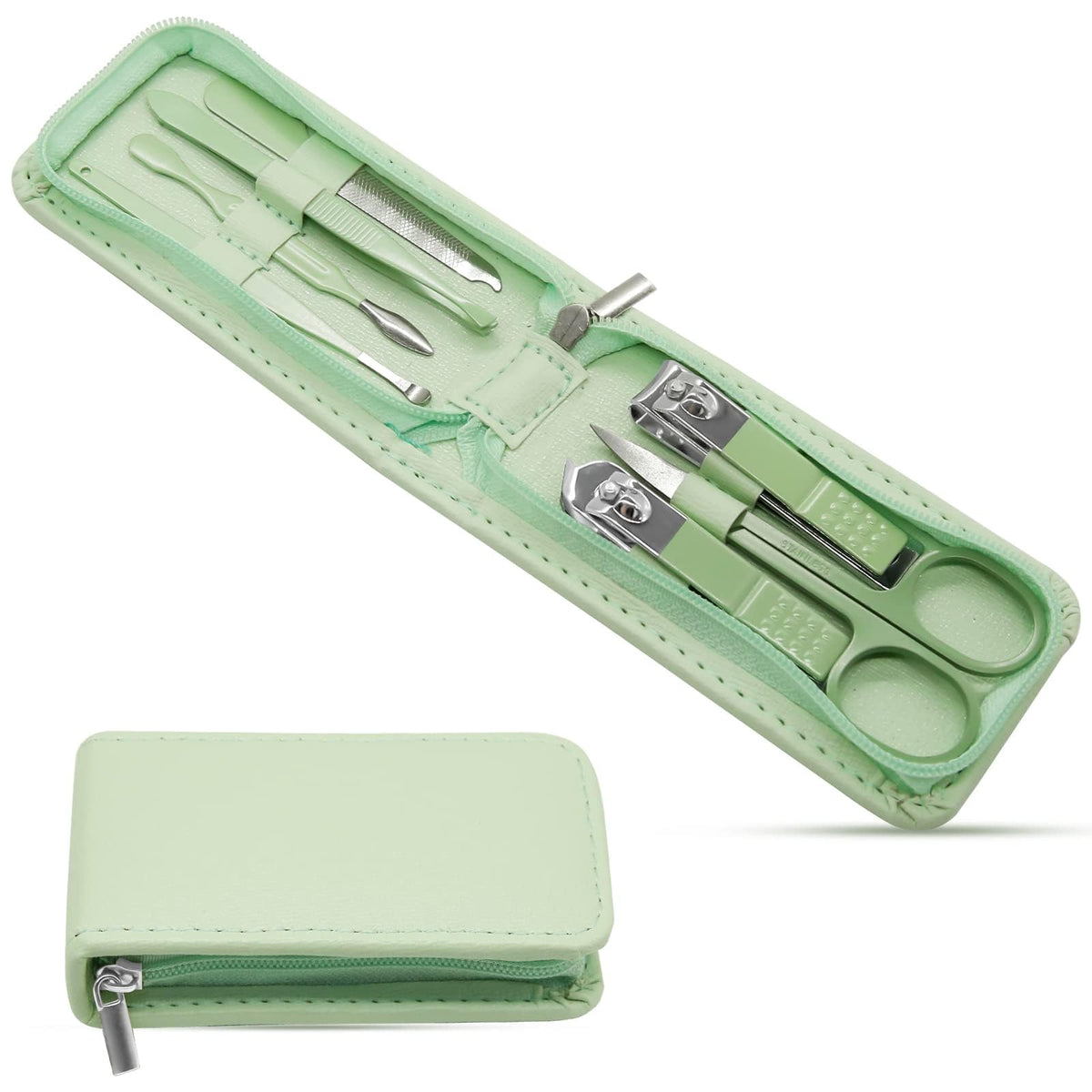 7Pcs Manicure Set Nail Clippers Kit, Stainless Steel Nail Cutter Trimmer Manicure Beauty Tools, Travel Nail Pedicure Kit Grooming Kits with Travel Pack, Nail Care Manicure Kit for Women Men (Green)