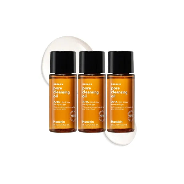 Hanskin AHA Pore Cleansing Oil for Dry Skin, Sample Trial Mini Size, Exfoliating Makeup Remover Facial Cleanser Set, Moisturizing, Korean Skincare 30 ml/Pack of 3