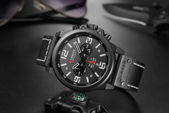 Curren Quartz Analog Watch Leather Band Wristwatch with Date Display, 8314 - Black