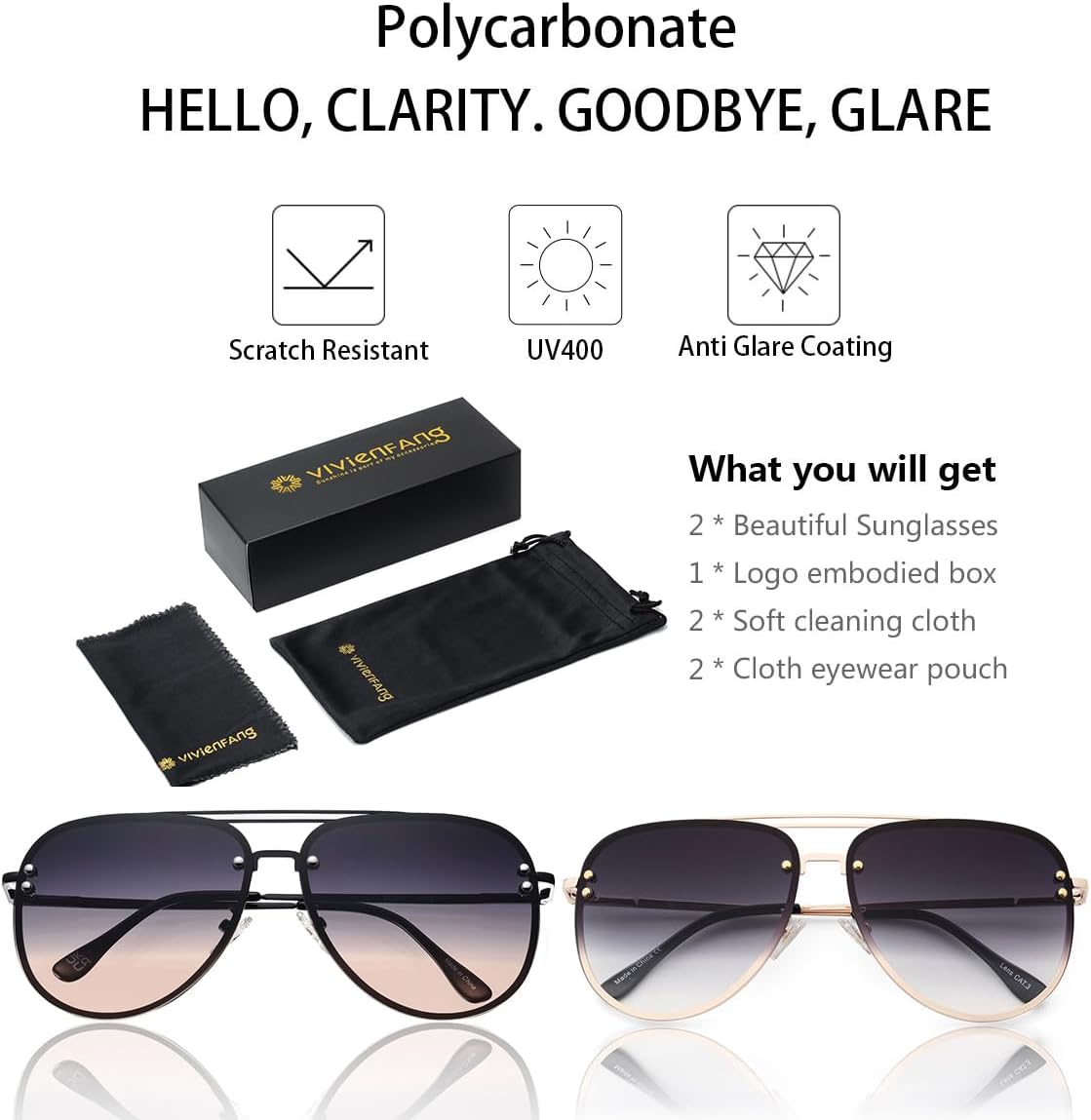 VIVIENFANG Premium Rimless Oversized Aviator Sunglasses for Women, Polarized PC Lens UV Protection Womens Shade VF2203