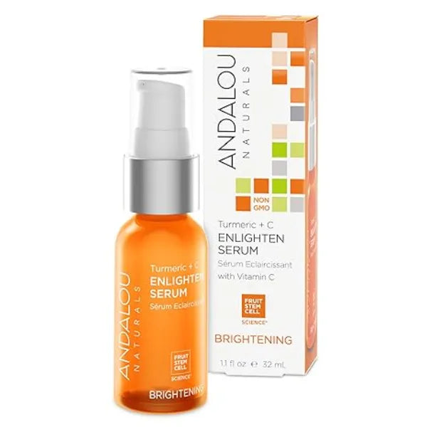 Andalou Naturals Turmeric + Vitamin C Enlighten Serum  Illuminating Face Treatment for Uneven Tone & Sun Damage  With Turmeric and Fruit Stem Cells  1.1 fl oz