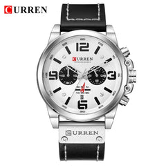 CURREN White Chronograph Fashion Trend Multi-Function Waterproof Quartz Watch Black Leather Strap Military Watch (Silver White)