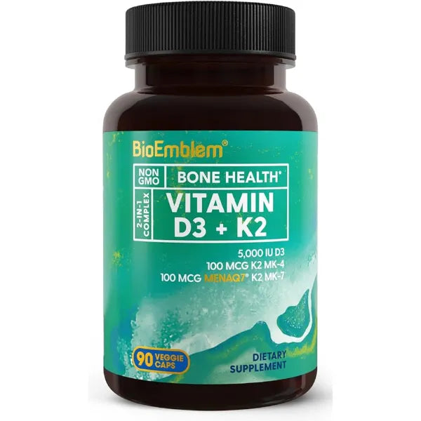 BioEmblem Vitamin D3 K2 Capsules Patented MK7 and MK4 for 3 in 1 Complex Support Vegetarian Vitamin D K2 Supplement for Teeth, Heart, Immune System Non GMO, 90 Caps 3 In 1 Complex With Patented MenaQ7 for CalciumVegetarian, Non GMO
