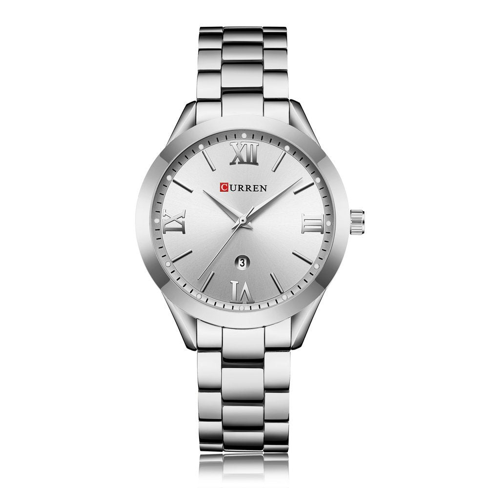 Curren 9007 Women Quartz Movement Watch Analog Auto Date Simple Wrist Watch (sliver)