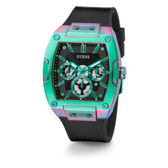 GUESS Iridescent and Black Silicone Multifunction Watch