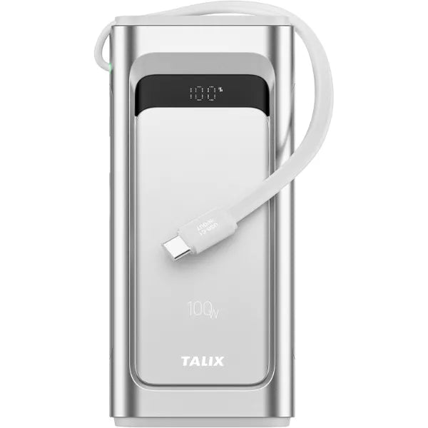 TALIX 10000mAh Portable Charger, 3-Port USB-C Power Bank, 100W Max Fast Charging Battery Pack with Built-in Cables for iPhone 17/16/15 Pro Max,iPad,Samsung Galaxy,Phone, TSA Approved Travel, Silver