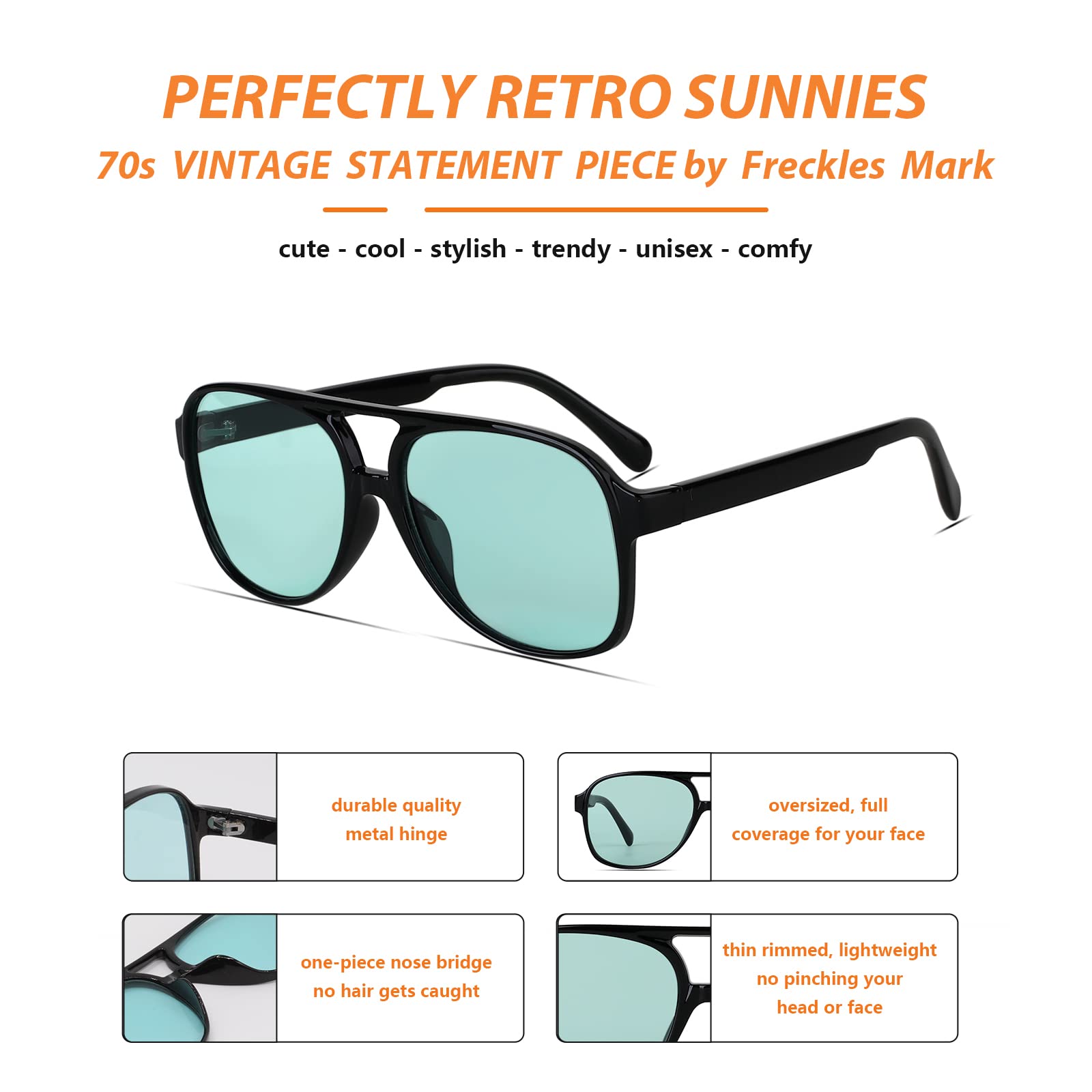 Freckles Mark Vintage Retro 70s Sunglasses for Women Men Classic Large Squared Aviator Frame UV400 Trendy Orange Glasses
