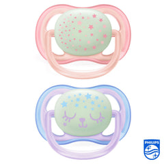 Philips Avent Soothers, 0-6m Ultra Air Night Soother with Glow-in-the-Dark Button, Star/Bear Design, Pink/Purple (Pack of 2) - SCF376/12