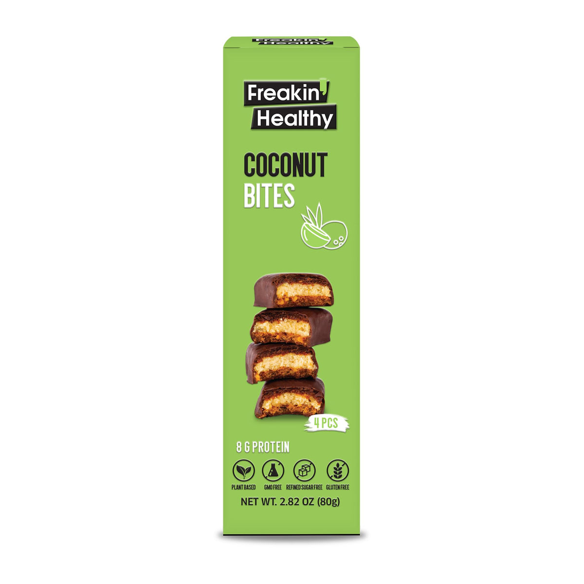 Freakin Healthy Coconut Bites 80g – 4 Individually Wrapped Bites, Plant Based Nut Butter Snack with Raw Chocolate, No Refined Sugar