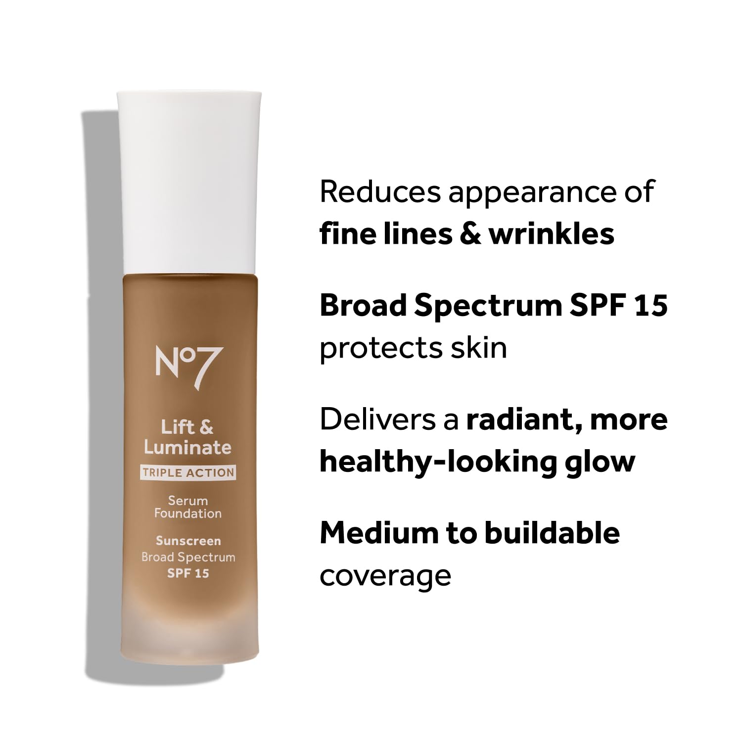 No7 Lift & Luminate Triple Action Serum Foundation - Cashew - Liquid Foundation Makeup with SPF 15 for Dewy, Glowy Base - Radiant Serum Foundation for Mature Skin (30ml)