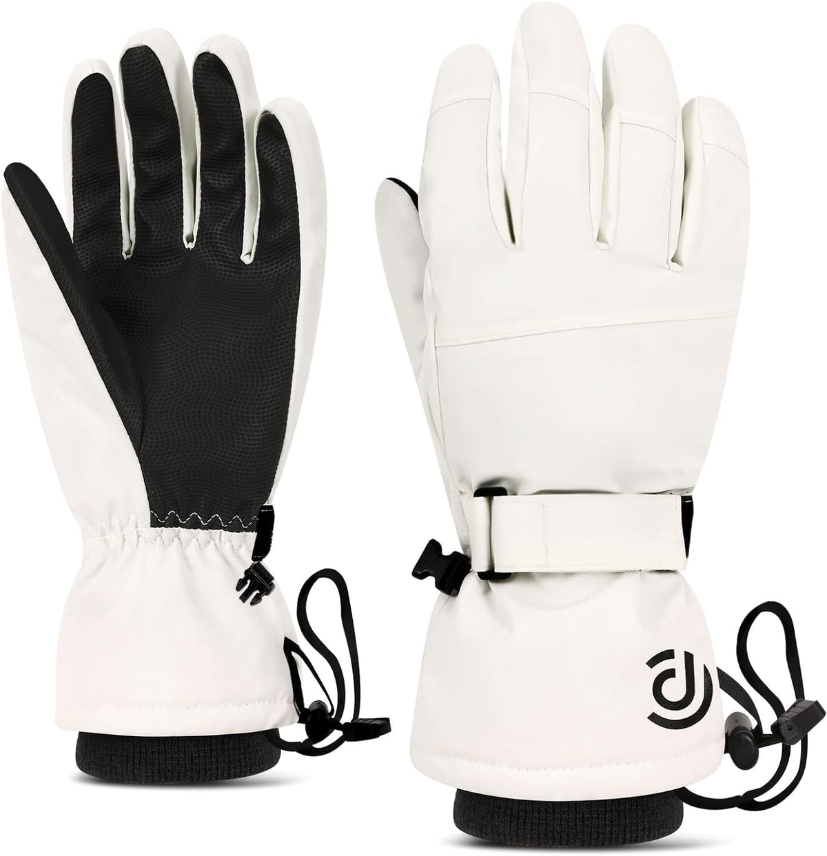 BEETO Snowmobile Gloves, Ski Gloves for Men Women, Waterproof Windproof Touchscreen Snowboard Gloves, Warm Winter Gloves with Wrist Straps, for Cold Weather - White