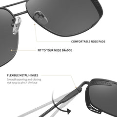 Joopin Rectangular Sunglasses for Men Women Polarized UV Protection Classic Aviation Military Style Big Metal Frame Driving Fishing Black Glass