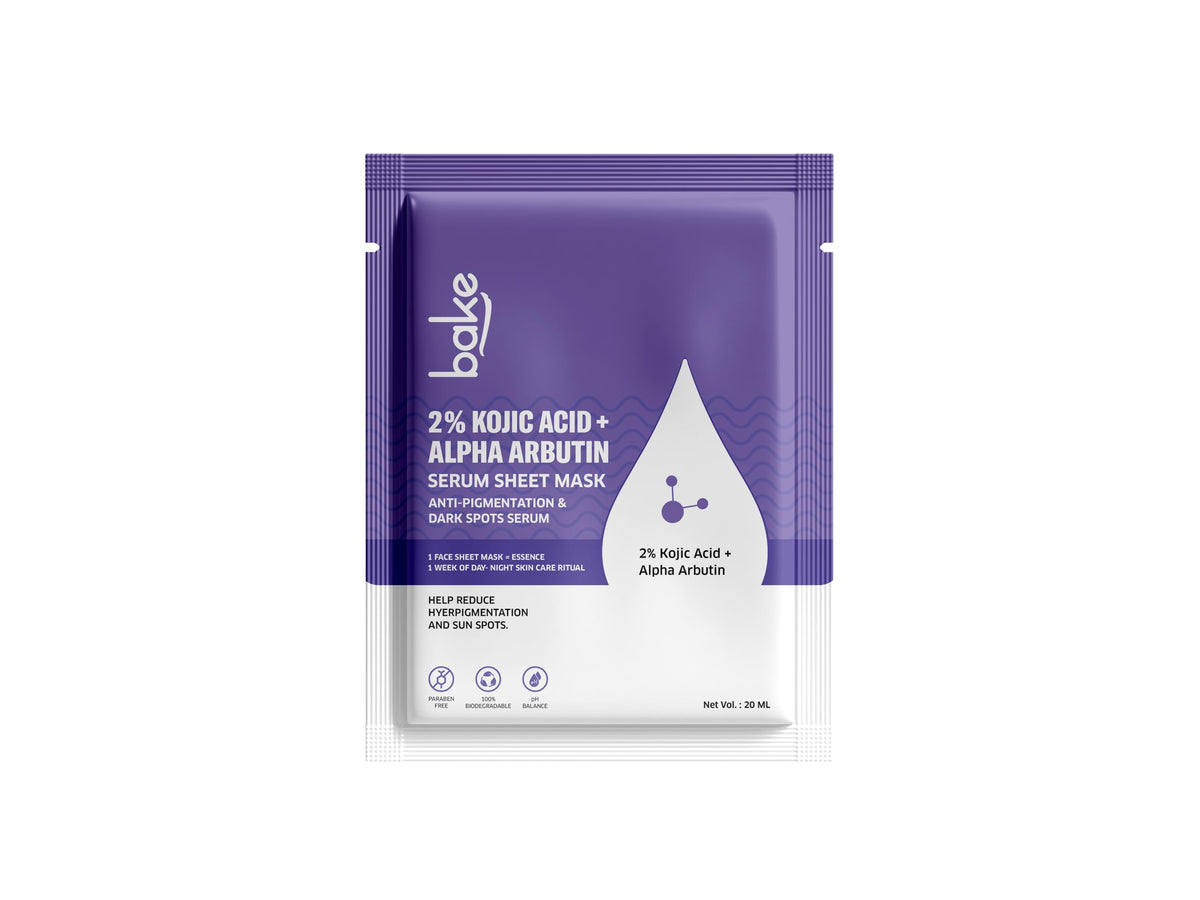 BAKE 2% Kojic Acid + Alpha Arbutin Serum Sheet Mask for Glowing Skin, Dark Circles, Spots & Pigmentation, Tan Removal | Paraben Free, 100% Biodegradable (20.00 g, Kojic Acid)
