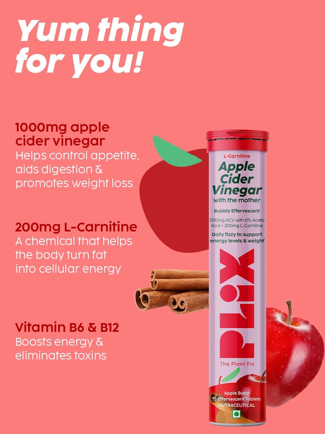 PLIX - THE PLANT FIX L-Carnitine ACV Effervescent Tablets Helps To Turn Fat Into Energy | 15 Tablets, Pack Of 4 | With Apple & Cinnamon | Supports Fat Burn | Weight Loss Drink for Women, Men