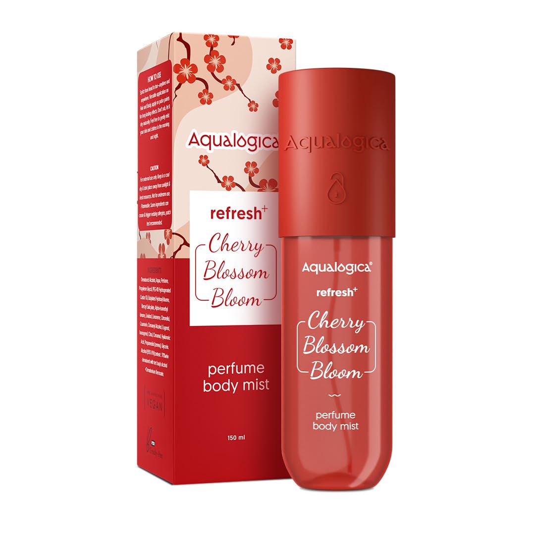 Aqualogica Refresh+ Cherry Blossom Bloom Perfume Body Mist with Zemea and Hyaluronic Acid - 150 ml | Sweet Floral & Fruity Notes of Pear & Jasmine | Long-Lasting Fragrance | Hydrating & Non-Irritating