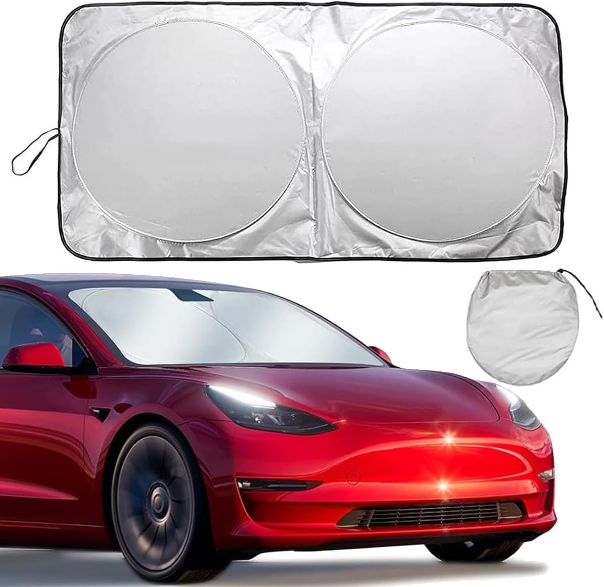 ECVV Car Windshield Sun Shade with Storage Pouch Foldable Front Window Reflective Sunshade Blocks UV Rays Sun Heat Visor Protector, Keep Vehicle Cool 150x72cm, Black&Silver