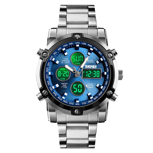 SKMEI Mens Wrist Watch, Waterproof Military Analog Digital Watches with LED Multi Time Chronograph, Stainless Steel Business Watches for Men - 1389-Blue