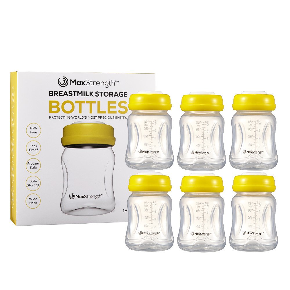 Max Strength Pro (6pc) - Breastmilk Bottles 6pc Set with Leak Proof Lids , 6.oz 180ml Reusable Wide Neck Bottles Best for Breast Milk Collection & Storage Solution, BPA Free, Fits Spectra & Avent...
