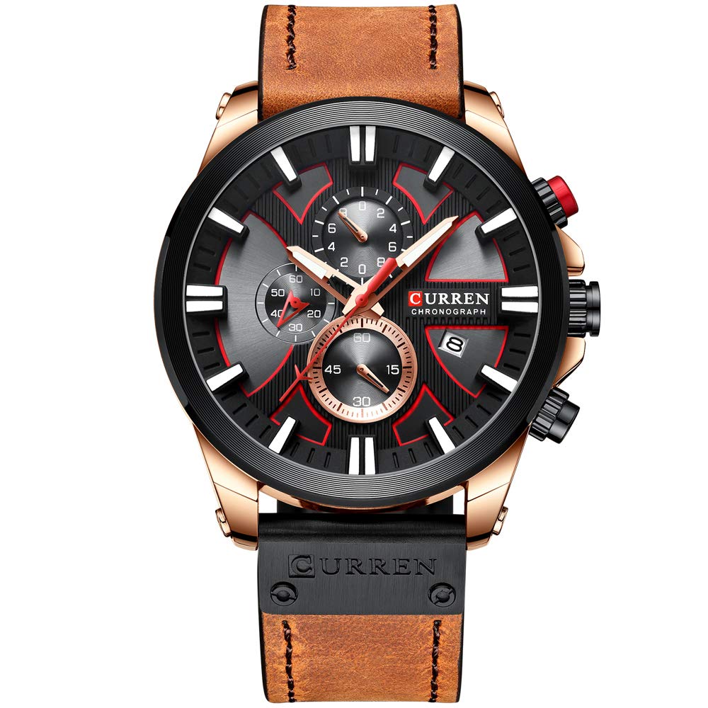CURREN Mens Water Resistant Sport Chronograph Watches Military Multifunction Leather Quartz Wrist Watches, rose gold brown, Chronograph,Quartz Movement