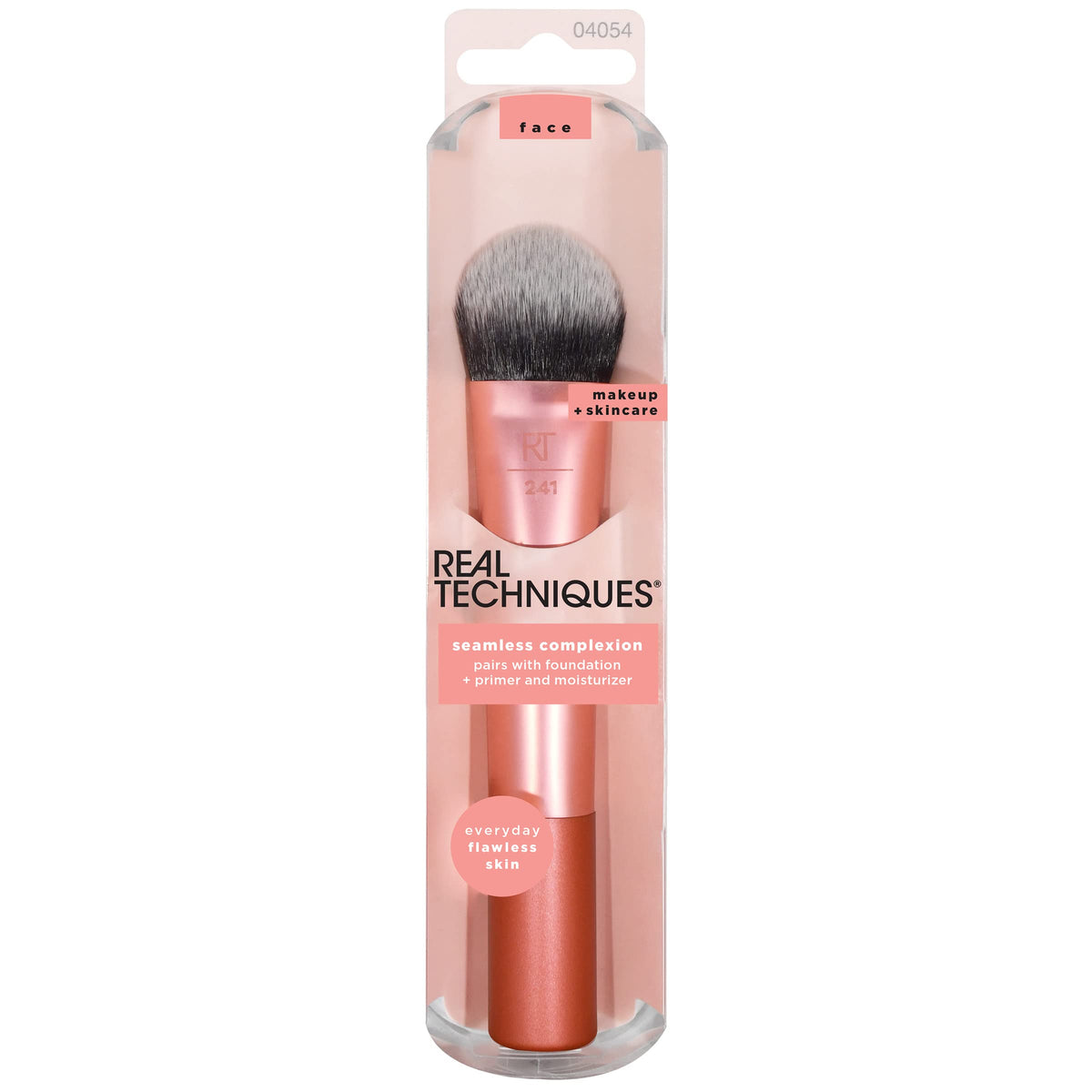 REAL TECHNIQUES Seamless Complexion Makeup Brush, Four Foundation, Primer, And Moisturizer, Makeup & Skincare Face Brush, Streakfree And Natural Finish, Orange, 1 Count