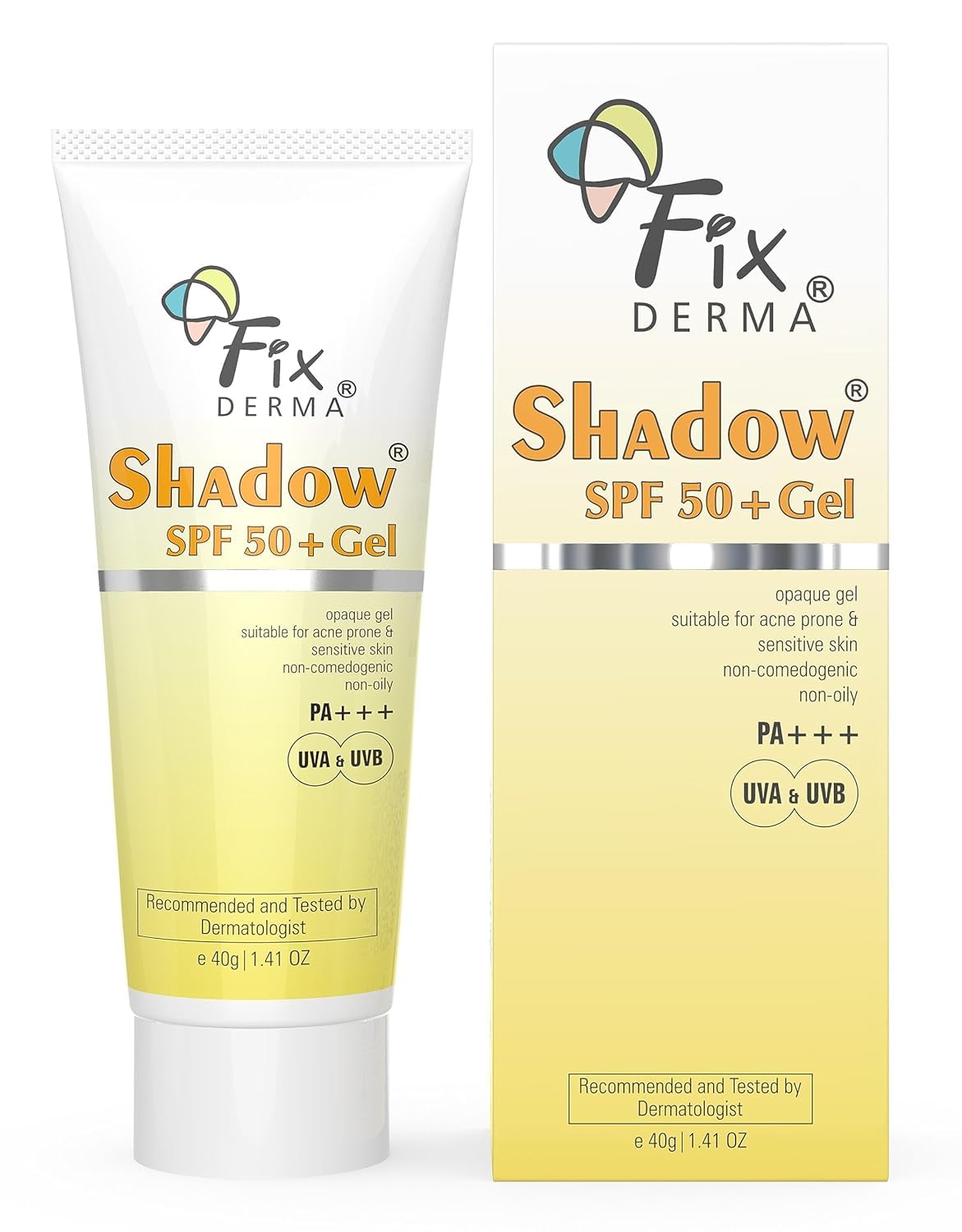 FIXDERMA Shadow Sunscreen Spf 50+ Gel For Oily Skin, Body & Face, Broad Spectrum For Uva & Uvb Protection For Unisex, Non Greasy & Water Resistant, 40g