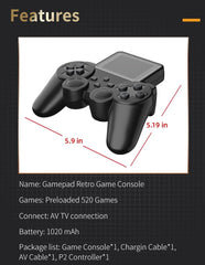 NALACAL 8-bit 520 in 1 Classic Retro Games Handheld Gamepad Game Console - 2.5 inch Screen Rechargeable AV TV Out 2 Player Gamepad (Black)