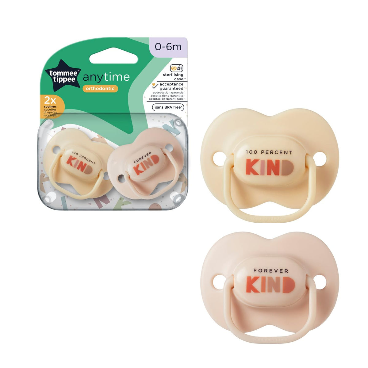 Tommee Tippee Anytime Soothers for Newborns, Symmetrical Orthodontic Design, BPA-Free Silicone Baglet, Includes Steriliser Box, 0-6m, Pack of 2 Dummies, Pink