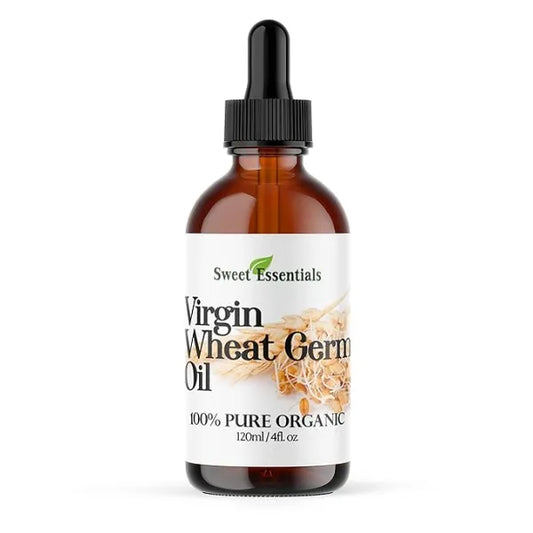 Sweet Essentials 100% Organic Unrefined Wheat Germ Oil Imported From Italy 4oz Glass Bottle 100% Pure Virgin Cold Pressed Natural Moisturizer for Skin, Hair and Face Stretch Mark Relief NON GMO