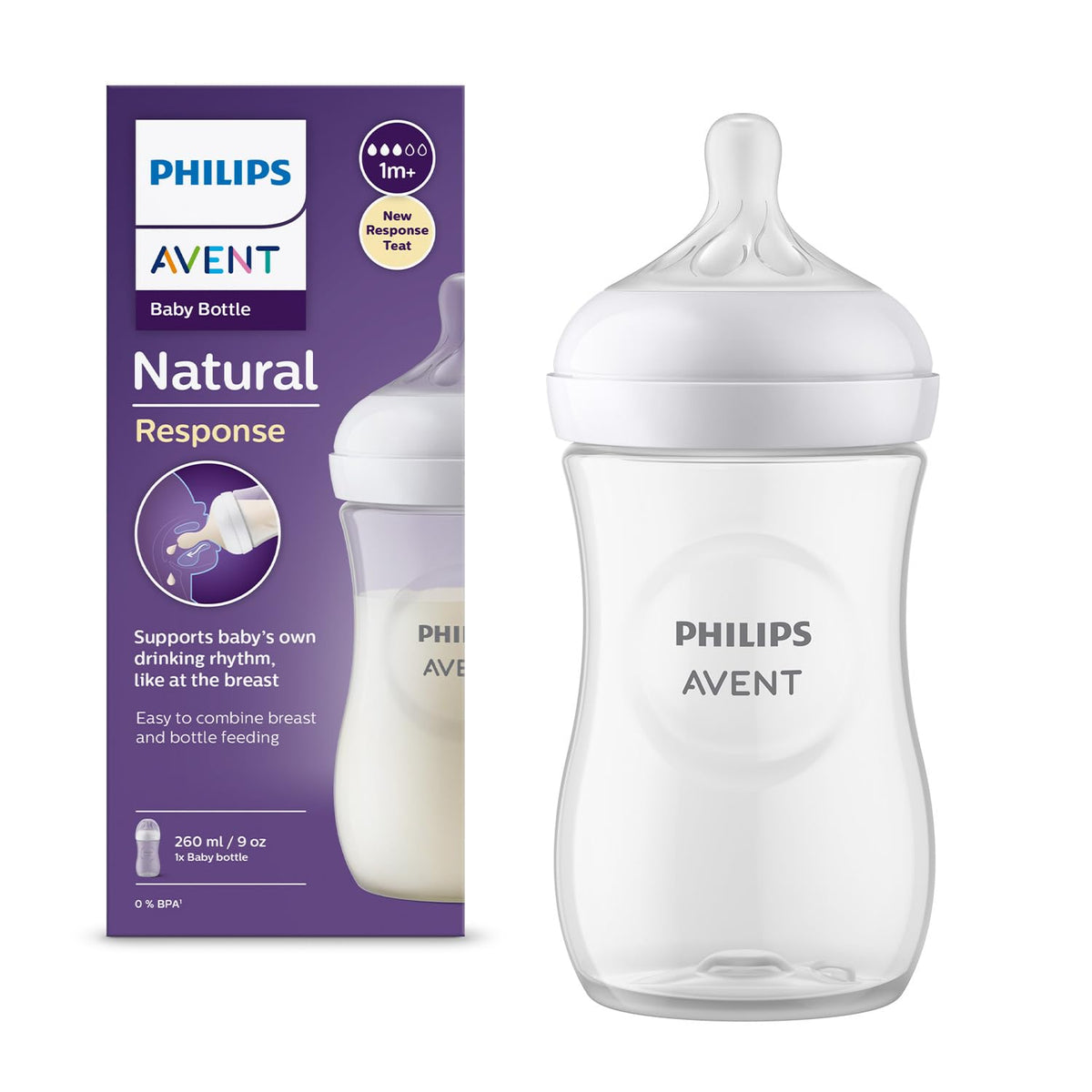 AVENT Philips Natural Response Baby Bottle - 260ml Baby Milk Bottle with AirFree Vent, BPA Free for Newborn Babies Aged 1 Months+ (Model SCY903/01)