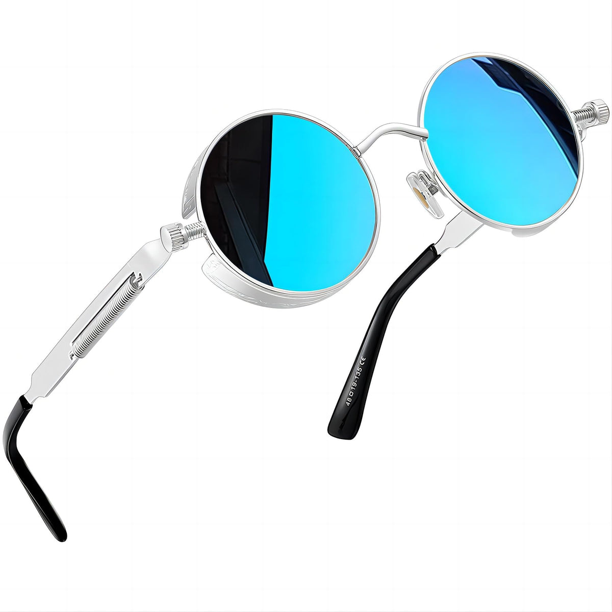 Joopin Steampunk Round Sunglasses - Metal Frame, 100% UV Protection (B04-Silver Mirrored Blue)