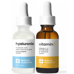 Natural Outcome Face Serum Set Hydrating Hyaluronic Acid and Vitamin C Face - Pack of Two Anti Aging Facial Serum Kit 1 oz Each, Vegan, Cruelty Free & Fragrance Free