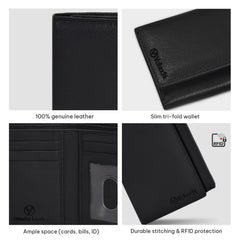 VALENCHI Men's Genuine Leather Rfid Blocking Slim Trifold Wallet With 7 Cards+1 Id Window+2 Note Compartments - Black Nappa
