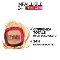 L’Oréal Paris Infallible 24H Fresh Wear Foundation in a Powder, Full-coverage, Longwear, Weightless Smooth Finish, Water-proof and Transfer-proof, 200 Golden Sand