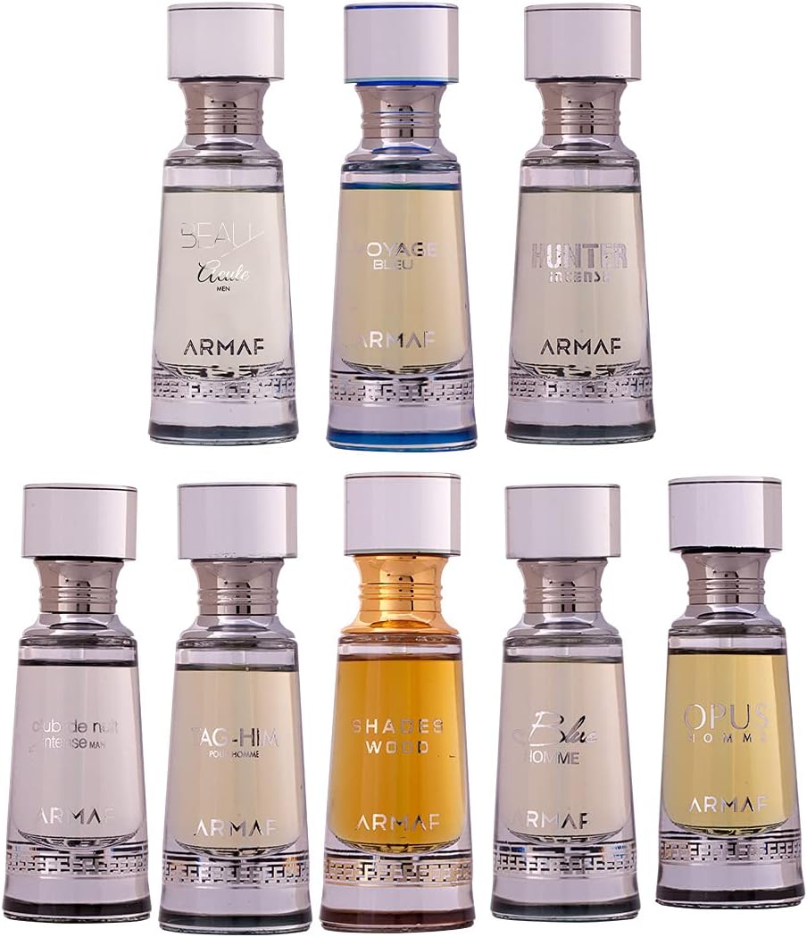 Armaf Non-Alcoholic Concentrated Perfume Oil - 20ML SUPER PACK OF 8 - For Men - Club De Nuit Intense - Beau Acute - Voyage Bleu - Hunter Intense - Tag Him Homme - Shades Wood - Blue Homme - Opus Homme