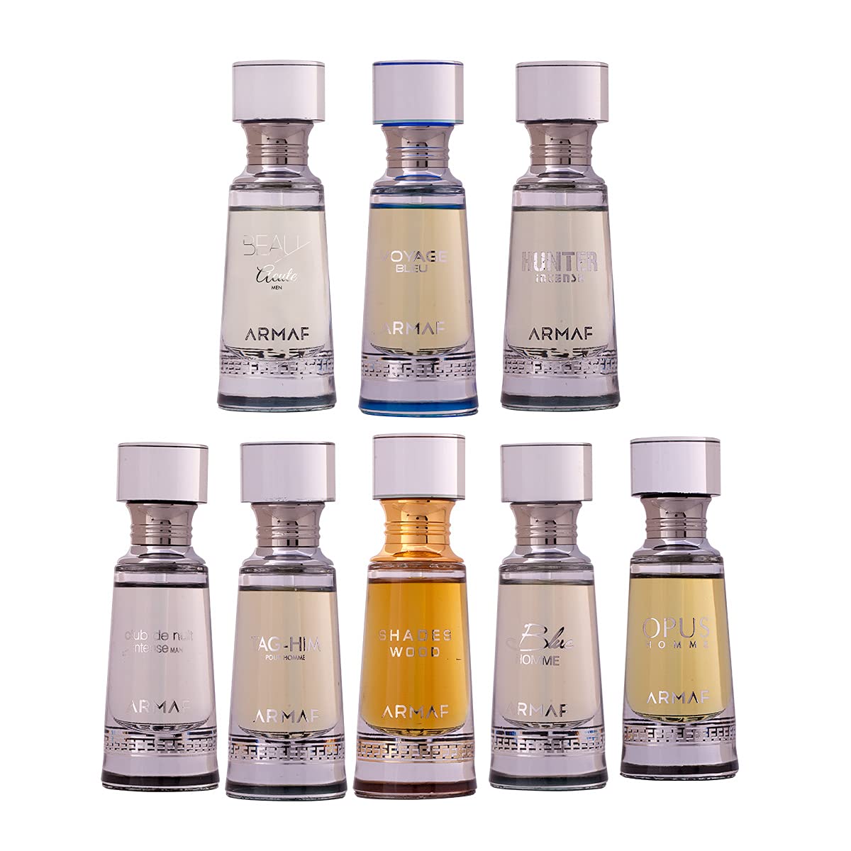 Armaf Non-Alcoholic Concentrated Perfume Oil - 20ML SUPER PACK OF 8 - For Men - Club De Nuit Intense - Beau Acute - Voyage Bleu - Hunter Intense - Tag Him Homme - Shades Wood - Blue Homme - Opus Homme