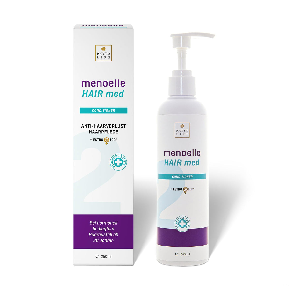 menoelle® HAIR med CONDITIONER - Against Hair Loss For Damaged Hair During Menopause. With EstroG-100, Caffeine, Biotin, Panthenol, Keratin, Collagen, Silk. 240 ml