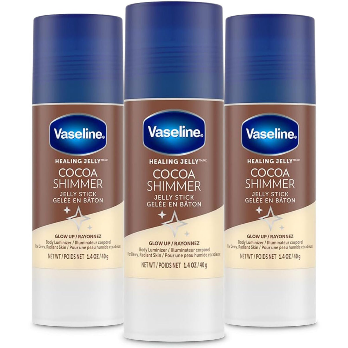 Vaseline Unilever Cocoa Shimmer Jelly Stick GLOW UP Body Luminizer For Dewy Radiant Skin 1.4 oz - 3 Count