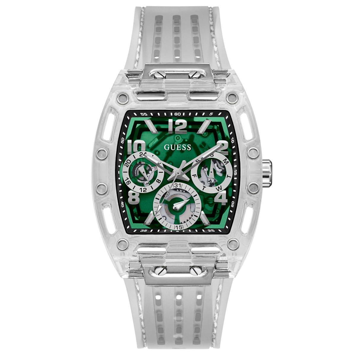 GUESS Men's 41mm Watch - Clear Strap Green Dial Clear Case