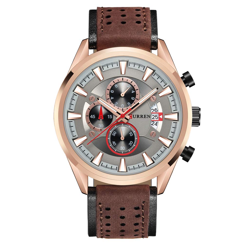 Curren 8290 Men's Analog Leather Strap Watch with Date Display - Silver, Black