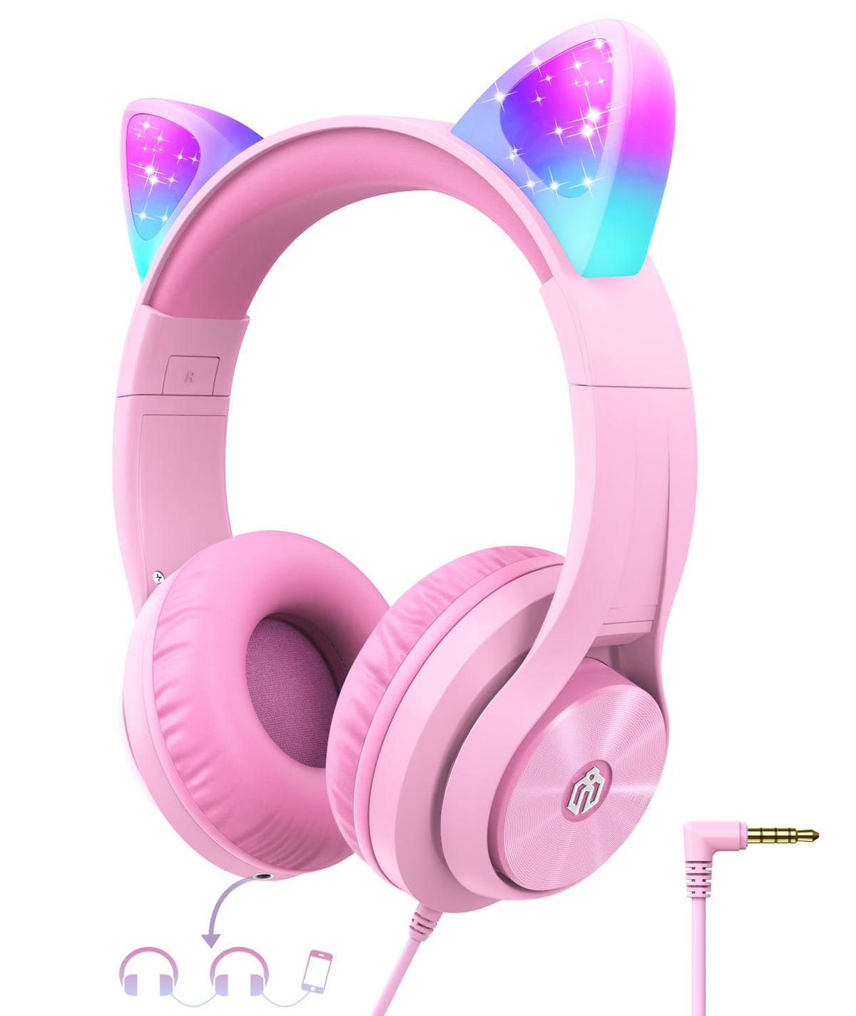 iClever Kids Headphones with LED Light Cat Ear, Wired Kids Headphones with Foldable Earbuds by Fun Share for Children/School/Travel